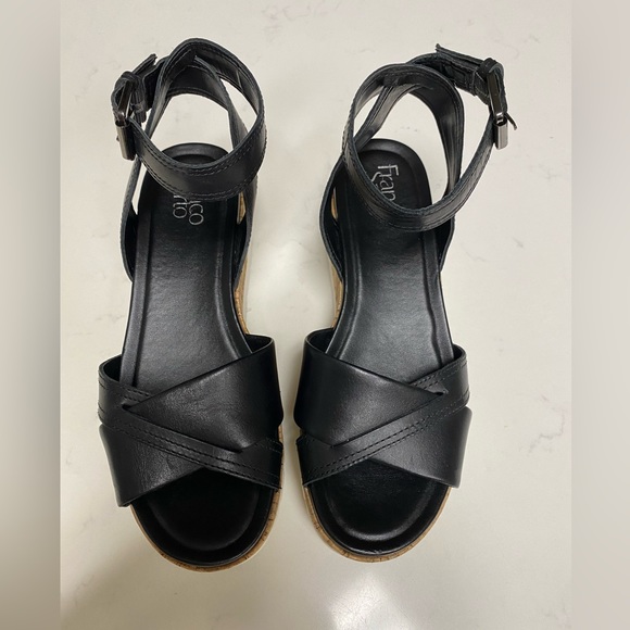 Franco Sarto Women’s Ankle Strap Cork Black Leather Sandals - 7M L-FAE - Picture 3 of 16